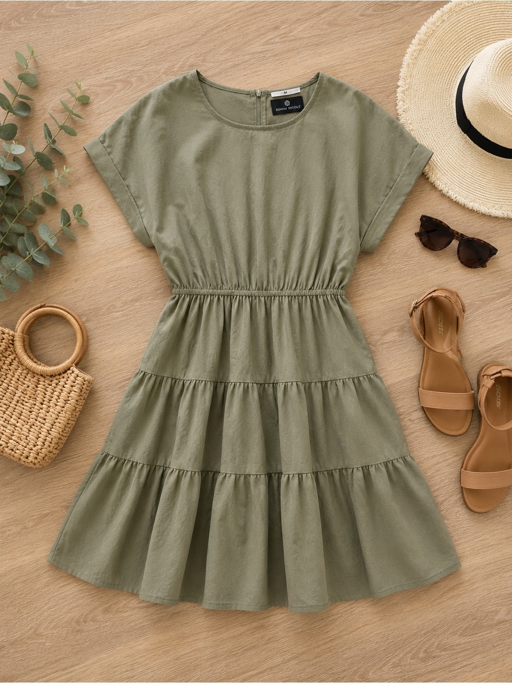 Olive Green Tiered Mini Dress Short Sleeve Elastic Waist Size Medium